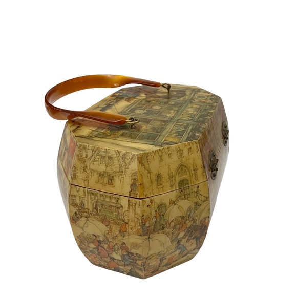 Vintage 1970s Anton Pieck Street Scene Decoupage Wood Box Lucite Purse Handbag - Picture 3 of 13